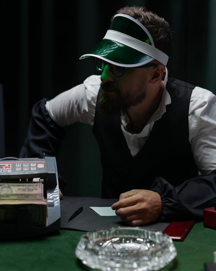 A man at a casino counting money beside a cash counter, evoking a sense of gambling suspense.